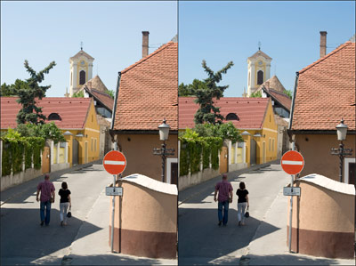 Улица в Сентендре. Фотография до и после тональной цветокоррекции неба